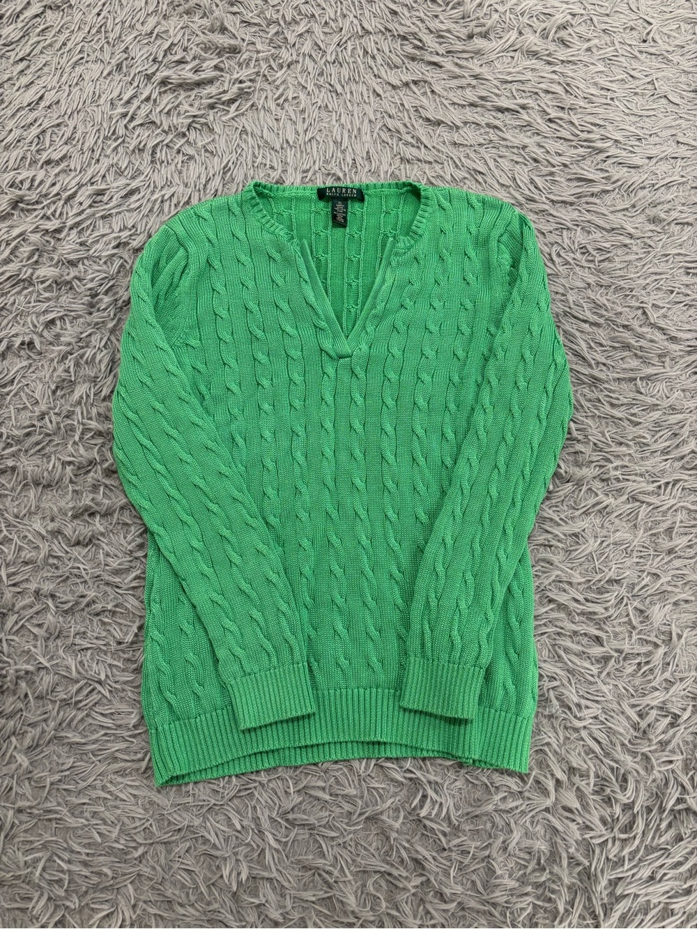 Lauren Ralph Lauren Womens Green Cotton Cable Knit V-Neck Sweater XL Festive VTG